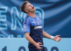 <strong>Memphis 901 FC forward Phillip Goodrum (10) reacts to a missed goal during an Oct. 30, 2022 playoff game against the Tampa Bay Rowdies.</strong> (Patrick Lantrip/The Daily Memphian)