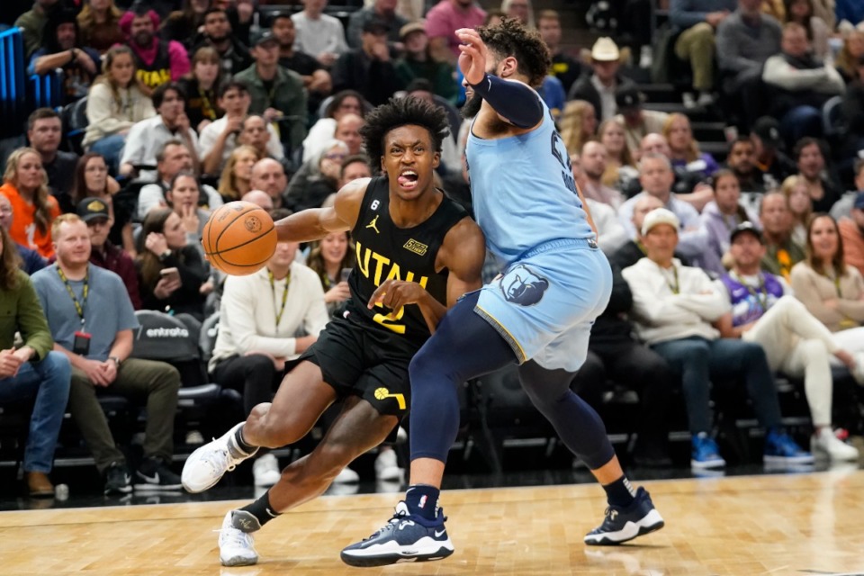 <strong>Utah Jazz guard Collin Sexton (2) charges to the basket against Memphis Grizzlies guard David Roddy, right, on Oct. 31 in Salt Lake City.</strong> (Rick Bowmer/AP file)