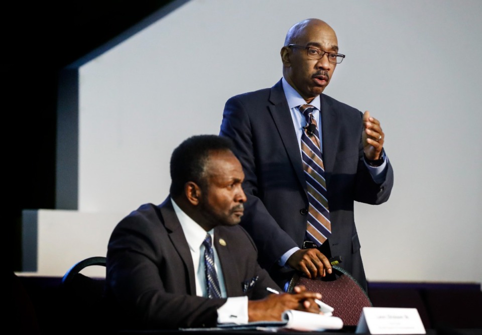<strong>Memphis Light, Gas and Water Senior Vice President and Chief Utility Officer Alonzo Weaver (right) speaks during a public meeting on Oct. 19. Weaver said part of the delays to MLGW&rsquo;s infrastructure overhaul is due to supply chain issues.</strong> (Mark Weber/The Daily Memphian)