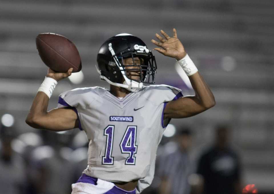 <strong>Southwind quarterback Chris Kelly prepares to launch one for the endzone during the first half of play against Kirby Friday, Oct. 5.</strong> (Dale L. Anderson/Daily Memphian)