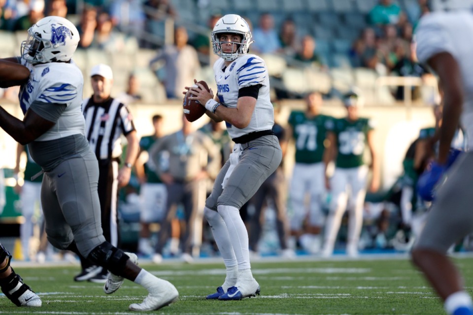 <strong>Memphis quarterback Seth Henigan (5) during an NCAA college football game against Tulane in New Orleans, Saturday, Oct. 22, 2022. Tulane won 38-28.</strong> (AP Photo/Tyler Kaufman)