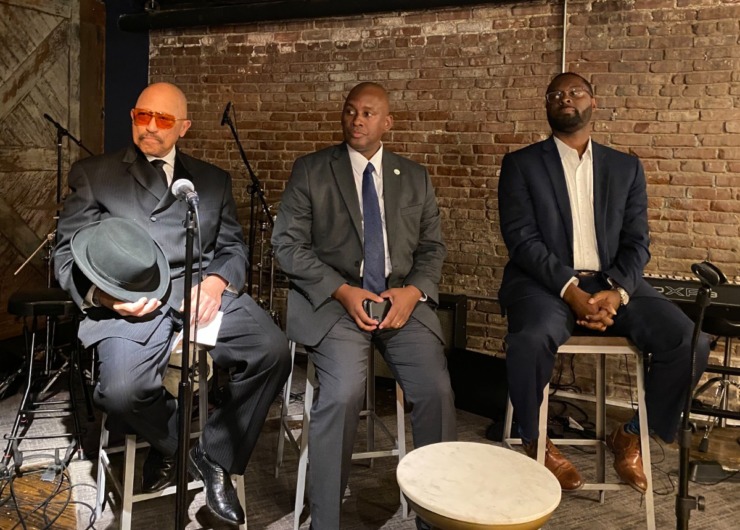 <strong>Memphis mayoral contenders (from left) Joe Brown, Van Turner and Paul Young put in an early campaign forum appearance Thursday, Oct. 27, before Shelby County Young Democrats.</strong> (Bill Dries/Daily Memphian)