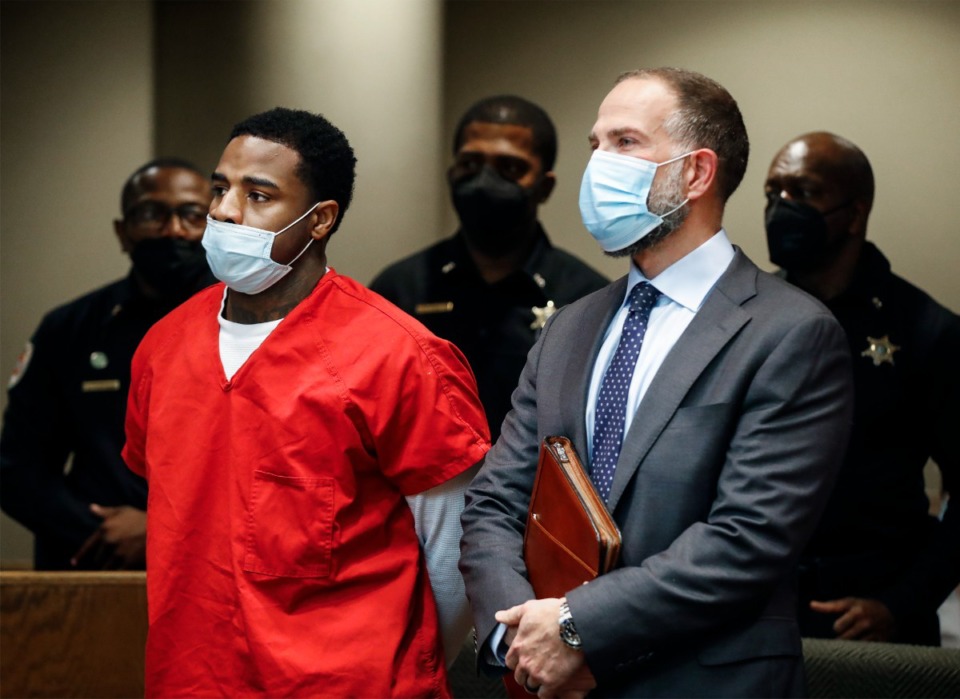 <strong>Justin Johnson (left) appears in Judge Lee Coffee&rsquo;s courtroom on Friday, Nov. 4, 2022. Johnson faces first-degree murder charges in the death of rapper Young Dolph.</strong> (Mark Weber/The Daily Memphian)