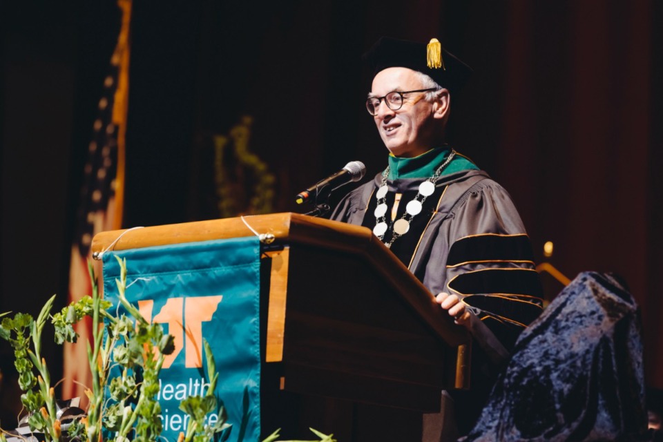 <strong>Peter Buckley speaks at his investiture as University of Tennessee Health Science Center chancellor at the Resanant Center in Downtown Memphis on Friday, Nov. 4. 2022.</strong> (Ziggy Mack/Special to The Daily Memphian)