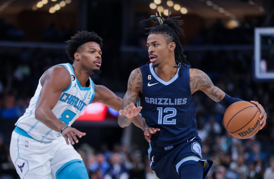 <strong>Memphis Grizzlies guard Ja Morant (12) drives to the basket on Nov. 4, 2022, in the game against the Charlotte Hornets.</strong> (Patrick Lantrip/Daily Memphian)