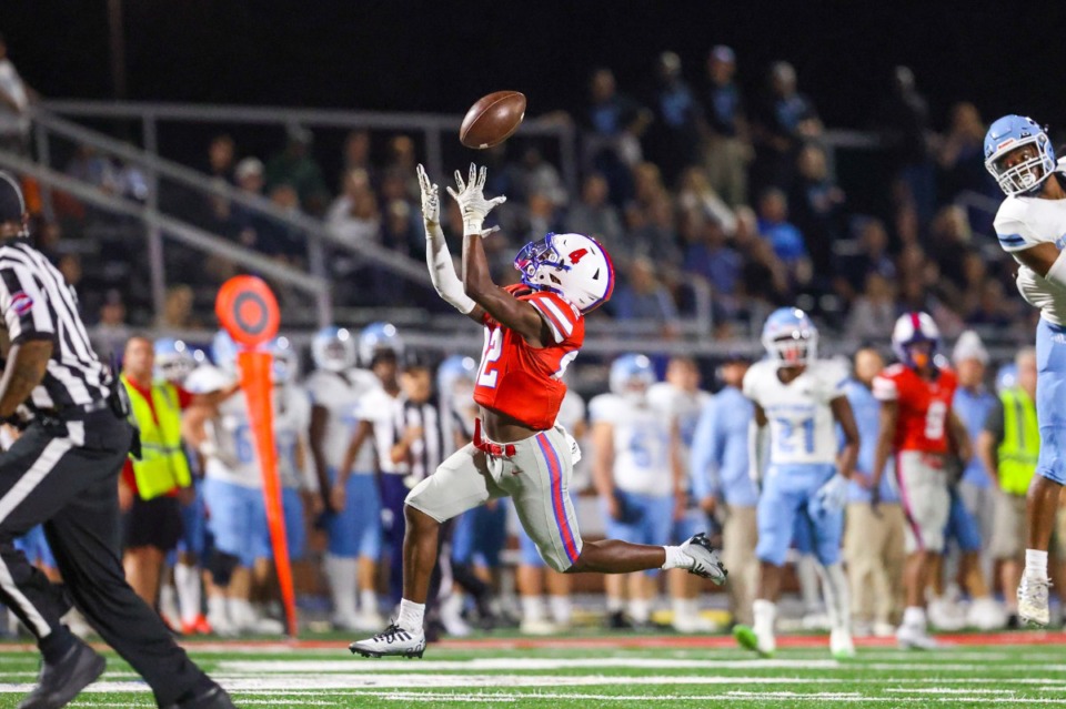 <strong>Bartlett receiver Deshaun Catron (82) leaps for the ball on Nov. 4, 2022, in the game against Centenniel.</strong> (Ryan Beatty/Special to The Daily Memphian)