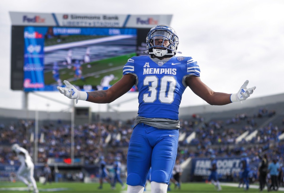 <strong>University of Memphis defensive back Rodney Owens (30) tries to hype up the crowd Saturday, Nov. 5 at Simmons Bank Liberty Stadium.</strong> (Patrick Lantrip/The Daily Memphian)