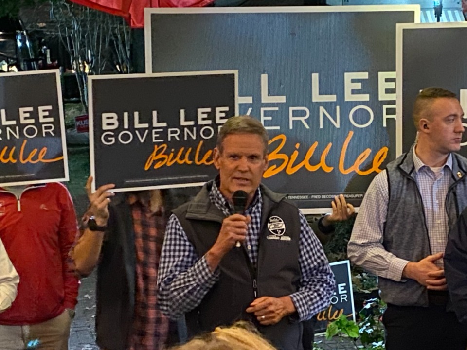 <strong>Tennessee Gov. Bill Lee ended a three-day campaign bus tour Saturday, Nov. 5, in the Collierville town square.</strong> (Bill Dries/The Daily Memphian)
