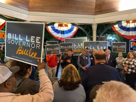 <strong>U.S. Rep. David Kustoff (center) of Germantown was among the Republican elected leaders at the Collierville campaign stop Saturday evening.</strong> (Bill Dries/The Daily Memphian)