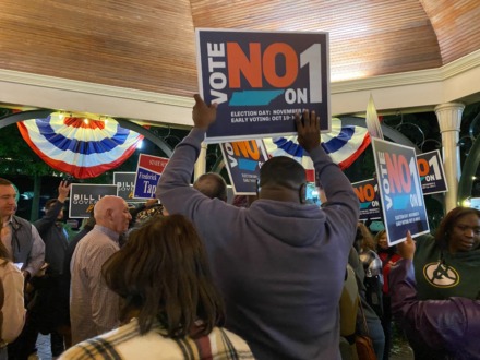 <strong>About a dozen opponents of the proposed&nbsp;&ldquo;Right to Work&rdquo; amendment to the Tennessee Constitution also turned out for the rally.</strong> (Bill Dries/Daily Memphian)