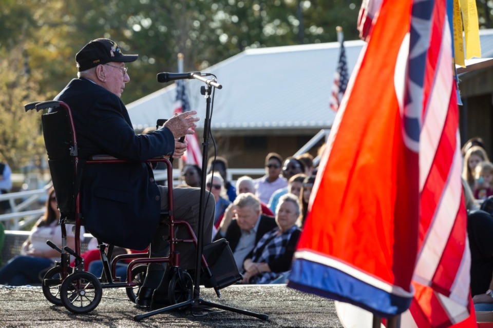 <strong>Arlington's annual Veterans Day program features guest speaker Army World War II Veteran Olin Pickens at Arlington Amphitheater on Sunday, Nov. 6, 2022.</strong> (Ziggy Mack/Special to The Daily Memphian)