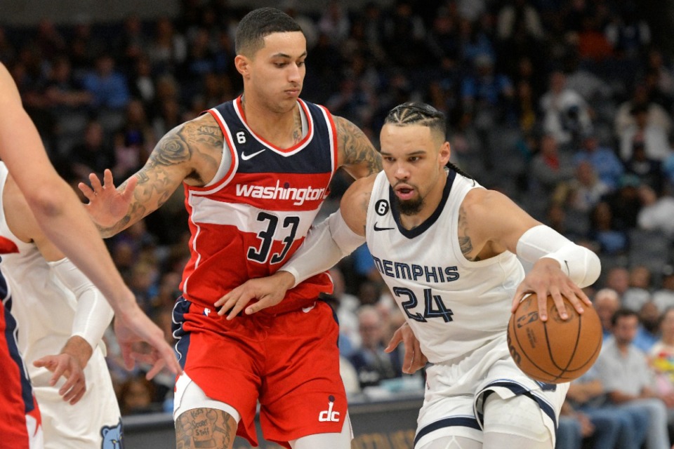 <strong>Memphis Grizzlies forward Dillon Brooks (24) handles the ball against Washington Wizards forward Kyle Kuzma (33) in the first half of an NBA basketball game Sunday, Nov. 6, 2022, at FedExForum.</strong> (Brandon Dill/AP)