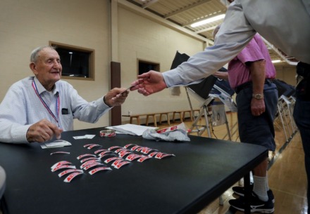 <strong>An election worker passes out everyone&rsquo;s favorite &ldquo;I voted&rdquo; stickers at the Second Baptist Church polling location in 2019.</strong> (Patrick Lantrip/The Daily Memphian file)