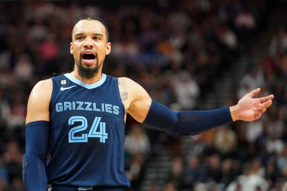 <strong>Memphis Grizzlies forward Dillon Brooks (24) reacts to a call during the first half of an NBA basketball game against the Utah Jazz Saturday, Oct. 29, 2022, in Salt Lake City.</strong> (AP Photo/Rick Bowmer)