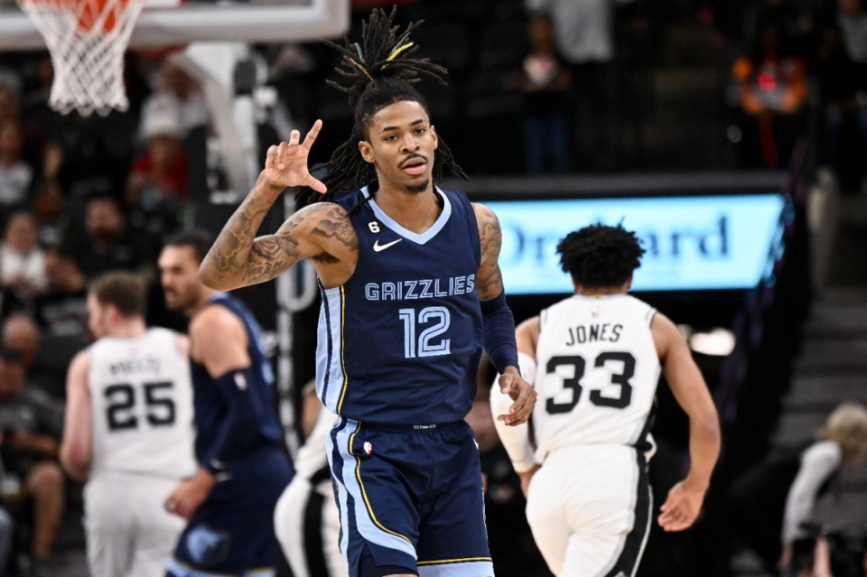 <strong>Memphis Grizzlies' Ja Morant celebrates a 3-point basket during the game against the San Antonio Spurs on Wednesday, Nov. 9, 2022, in San Antonio.</strong> (Darren Abate/AP)