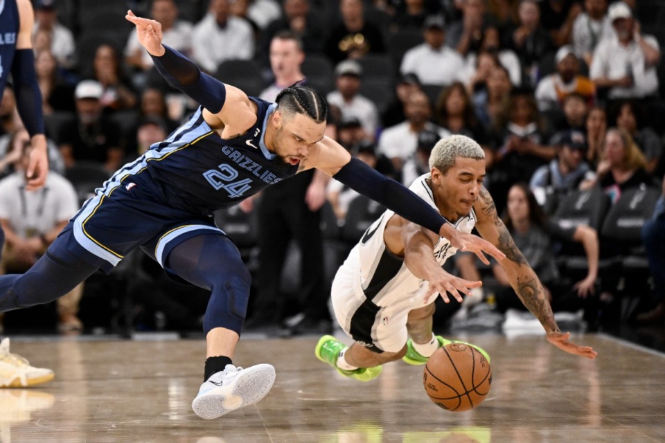 <strong>Memphis Grizzlies' Dillon Brooks (24) and San Antonio Spurs' Jeremy Sochan chase the ball during the game on Wednesday, Nov. 9, 2022, in San Antonio.</strong> (Darren Abate/AP)