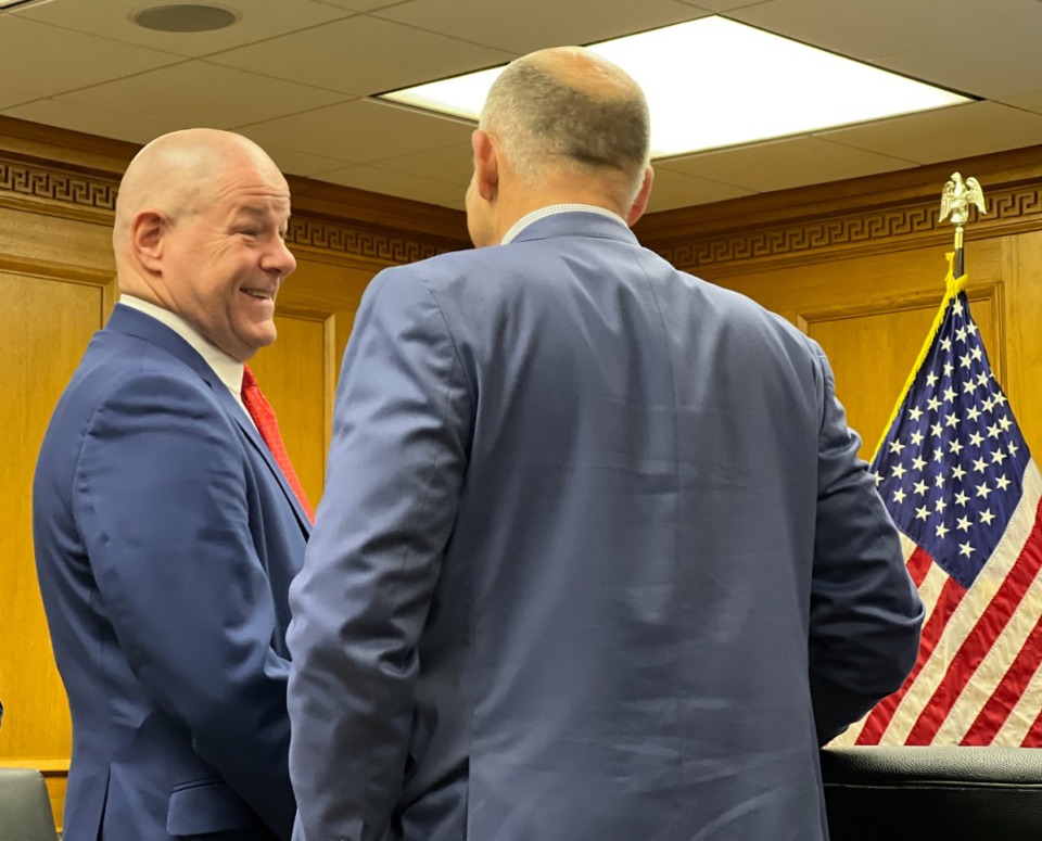 <strong>TBI Director David Rausch speaks with a colleague before a budget meeting Wednesday, Nov. 9. Rausch&rsquo;s $45.3 million request included funding for 25 forensic scientists.&nbsp;</strong>(Ian Round/The Daily Memphian)