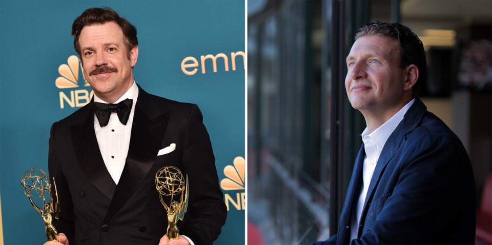 <strong>President of Memphis 901 FC and the Redbirds Craig Unger (right) said the Apple TV+ show "Ted Lasso," starring Jason Sudeikis (left), can sometimes hit "a little too close to home.&rdquo; Unger owns&nbsp;stake in Dagenham &amp; Redbridge FC in East London.</strong>&nbsp;(AP file, Patrick Lantrip/The Daily Memphian file)