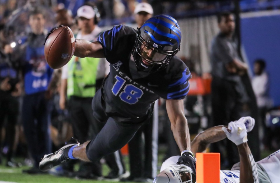 <strong>University of Memphis wide receiver Eddie Lewis (18) dives for the pylon during the Nov. 10, 2022, game against the University of Tulsa.</strong> (Patrick Lantrip/Daily Memphian)