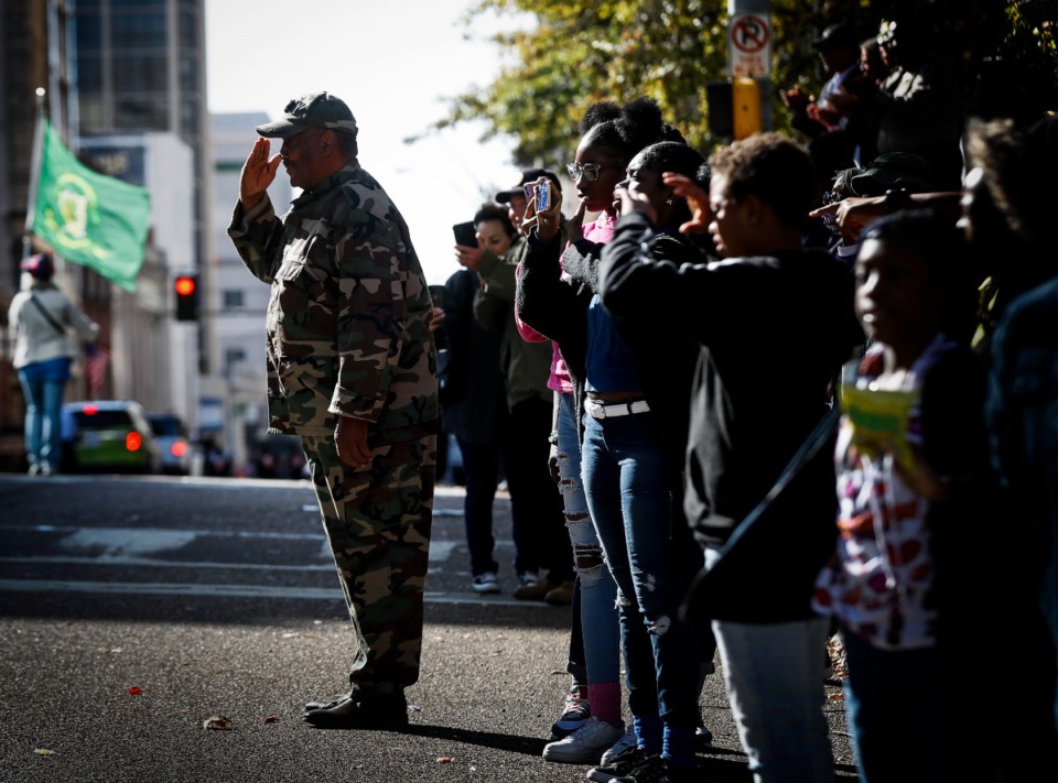 <strong>A veteran salutes fellow members of the military during the Veterans Day parade in Downtown Memphis.</strong> (Mark Weber/The Daily Memphian)