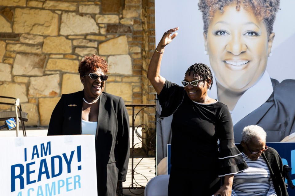 <strong>State Rep. Karen Camper (left) stands on the porch of her grandmother&rsquo;s home on Dempster Avenue Friday, Nov. 11, 2022, to announce she is running in the 2023 race for Memphis mayor.</strong> (Brad Vest/Special to The Daily Memphian)