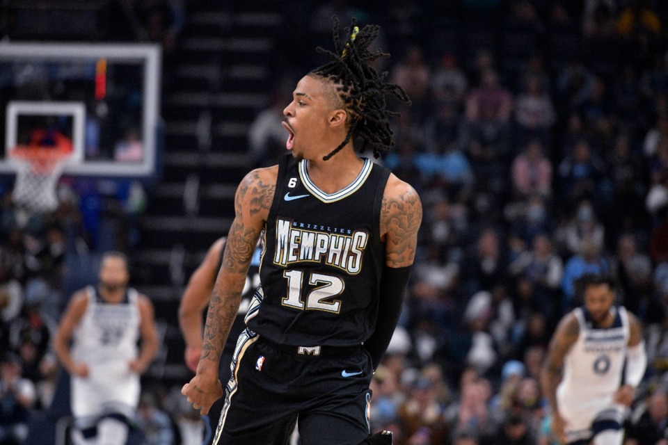 <strong>Memphis Grizzlies guard Ja Morant (12) reacts after scoring against the Minnesota Timberwolves on Friday, Nov. 11, 2022.</strong> (Brandon Dill/AP)