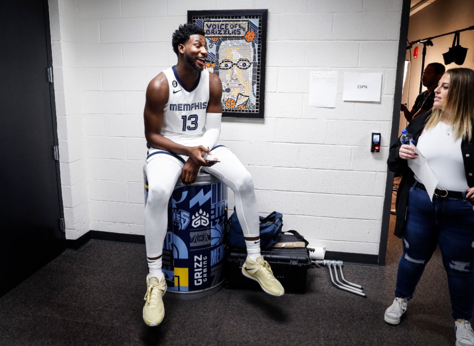<strong>Memphis Grizzlies center Jaren Jackson Jr., (left) jokes with staff members during team media day on Monday, Sept. 26, 2022.</strong> (Mark Weber/The Daily Memphian)