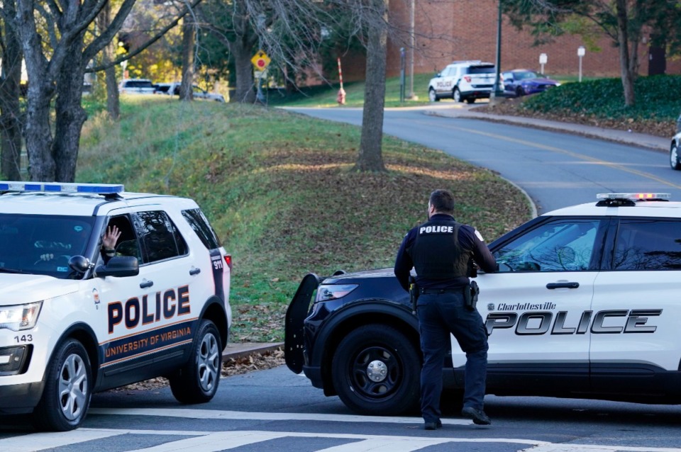 <strong>Charlottesville police secure a crime scene of an overnight shooting at the University of Virginia, Monday, Nov. 14, 2022, in Charlottesville. Virginia.</strong> (AP Photo/Steve Helber)