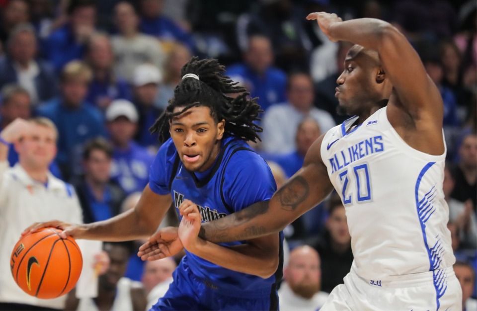 <strong>University of Memphis guard Johnathan Lawson (11) drives the the basket during a Nov. 15, 2022 game against Saint Louis.</strong> (Patrick Lantrip/The Daily Memphian)