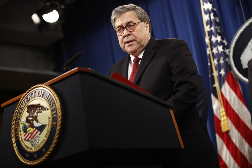 <strong>Attorney General William Barr speaks about the release of a redacted version of special counsel Robert Mueller's report during a news conference, Thursday, April 18, 2019, at the Department of Justice in Washington.</strong> (AP Photo/Patrick Semansky)