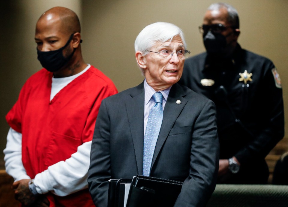 <strong>Hernandez Govan, (left) the third suspect arrested in the murder of Memphis rapper Young Dolph, along with his lawyer William Massey (right) is arraigned in Judge Lee Coffee&rsquo;s courtroom on Thursday, Nov. 17, 2022. (</strong>Mark Weber/The Daily Memphian)