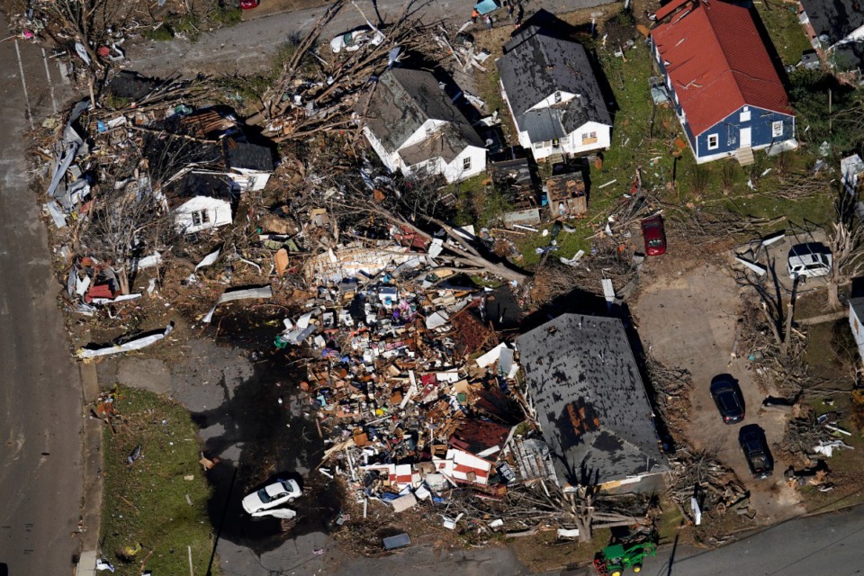 <strong>In this aerial photo, destroyed homes are seen in the aftermath of tornadoes that tore through the region, in Dresden, Tenn., Sunday, Dec. 12, 2021.</strong>(AP Photo/Gerald Herbert, File)