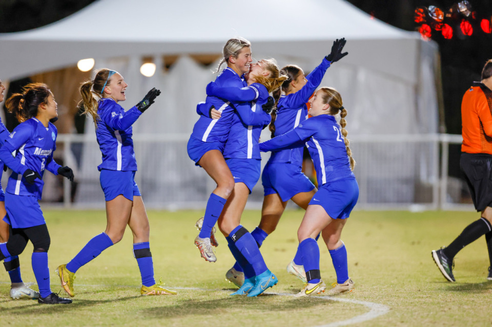 <strong>The University of Memphis women&rsquo;s soccer team reached the NCAA Sweet 16 by defeating Mississippi State 4-0, Friday, Nov. 18, in a match played in Fayetteville, Arkansas.</strong> (Photo credit: Wesley Hitt)
