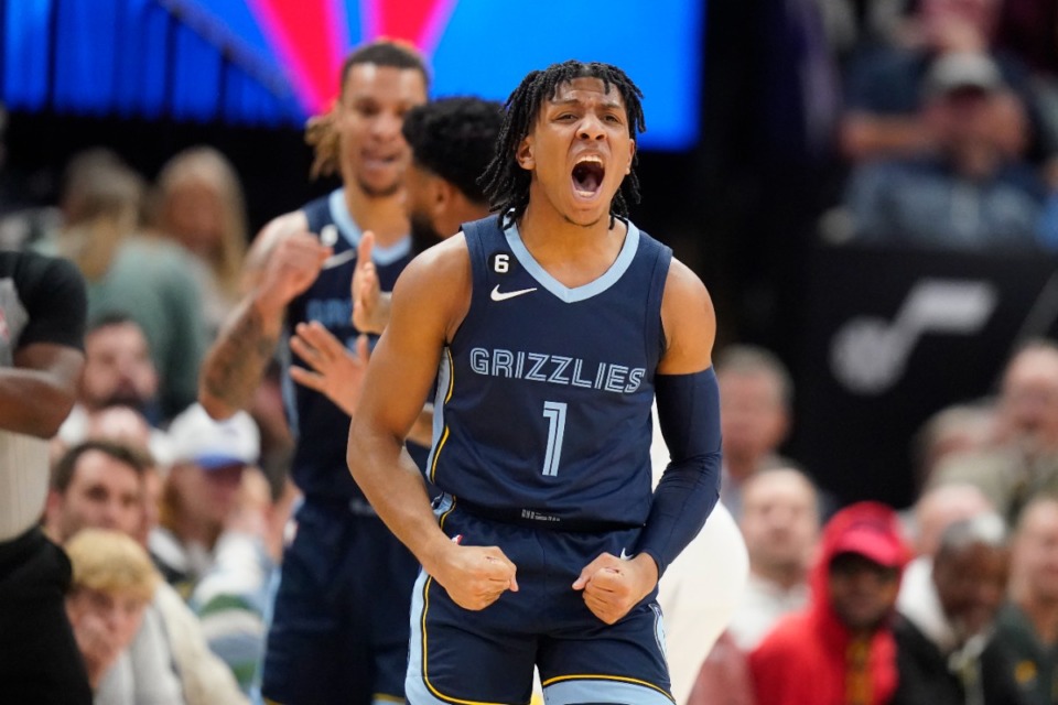 <strong>Memphis Grizzlies guard Kennedy Chandler (1) reacts during the second half of an NBA basketball game against the Utah Jazz Saturday, Oct. 29, 2022, in Salt Lake City.</strong> (AP Photo/Rick Bowmer)