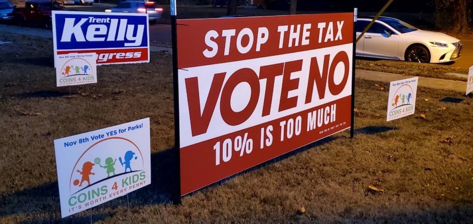 <strong>A sign in Hernando urges voters to reject the tax on Election Day, Nov. 8, 2022.</strong> (Toni Lepeska/The Daily Memphian file)