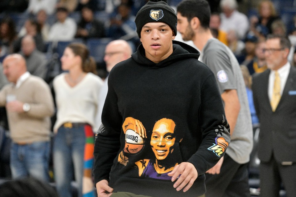 <strong>Memphis Grizzlies forward Kenneth Lofton Jr. (6) wears a sweatshirt with an image of WNBA star Brittney Griner before an NBA basketball game between the Grizzlies and the Minnesota Timberwolves Friday, Nov. 11, 2022, in Memphis, Tenn.</strong> (AP Photo/Brandon Dill)