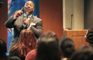 <strong>Shelby County Schools Interim Superintendent Dr. Joris Ray talks to a group of University of Memphis education majors during a teacher recruiting event at the Michael D. Rose Theater on April 18, 2019.&nbsp;An investigation into a sexual harassment complaint lodged against Ray before he was named interim superintendent concluded there was &ldquo;no evidence&rdquo; of wrongdoing.</strong> (Jim Weber/Daily Memphian)