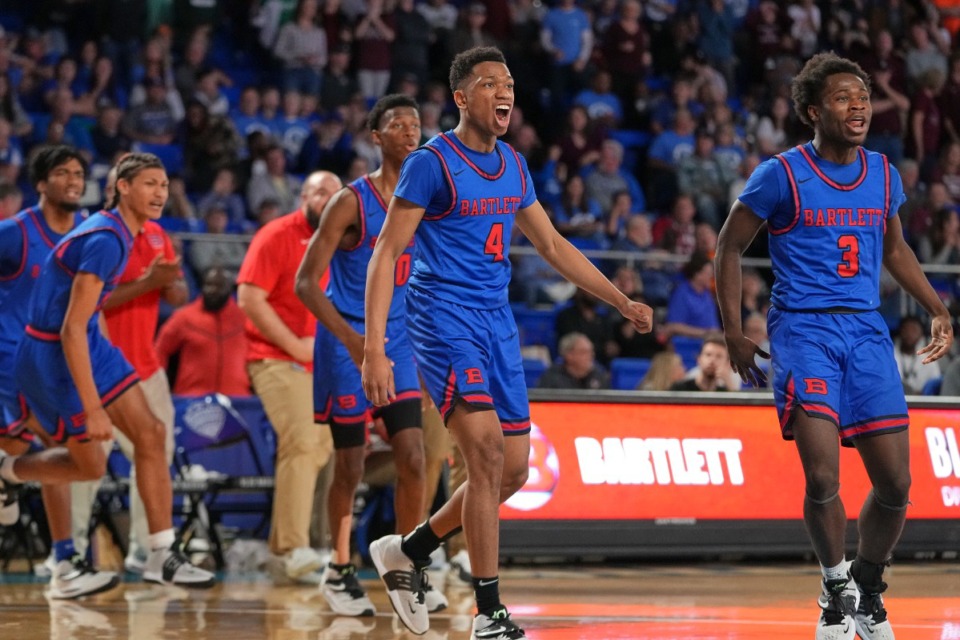 <strong>Bartlett's Devin Crockett (3) and Regale Moore (4) rush the court as they tied the score to go into overtime during their semifinal game in the TSSAA Boy's State Basketball Championship playoff game against Dobyns Bennett on March 18, 2022, in Murfreesboro, Tennessee. Ultimately the Panthers lost, ending their season.</strong>&nbsp;(Harrison McClary/The Daily Memphian file)