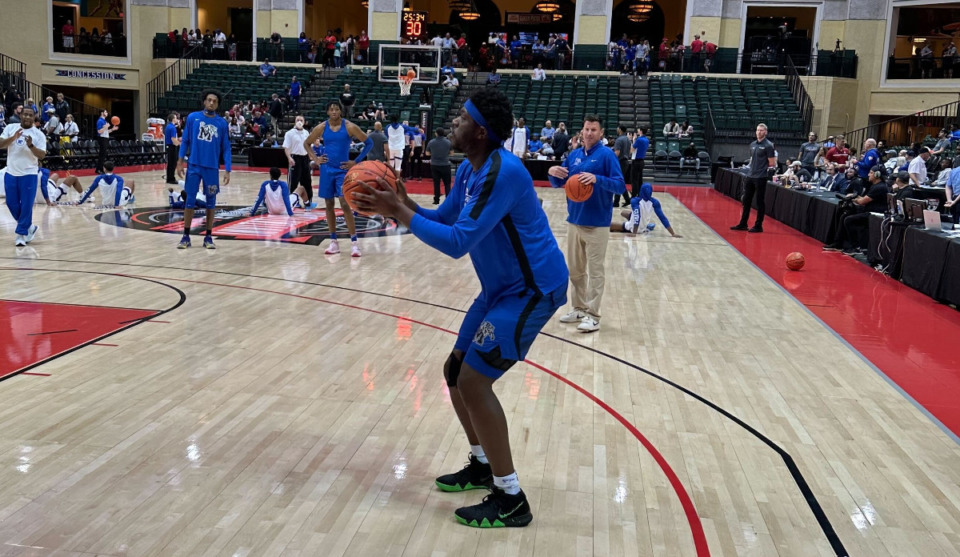 <strong>Memphis Tigers center Malcolm Dandridge warms up before Thursday&rsquo;s game against Seton Hall in the ESPN Events Invitational.</strong> <strong>Dandridge scored 14 points but Memphis was beaten 70-69.</strong> (Parth Upadhyaya/The Daily Memphian)