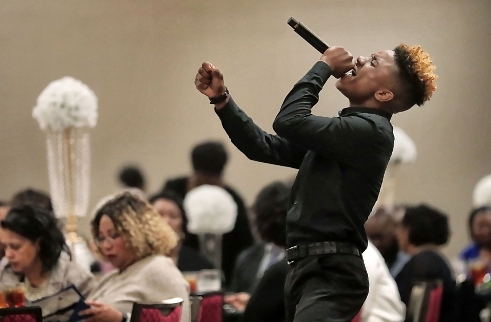 <strong>Gospel singer Nehemiah Harris performs for local leaders and NAACP members during the Freedom Fund luncheon on Saturday, April 20, 2019, at Guest House at Graceland.</strong> (Jim Weber/Daily Memphian)