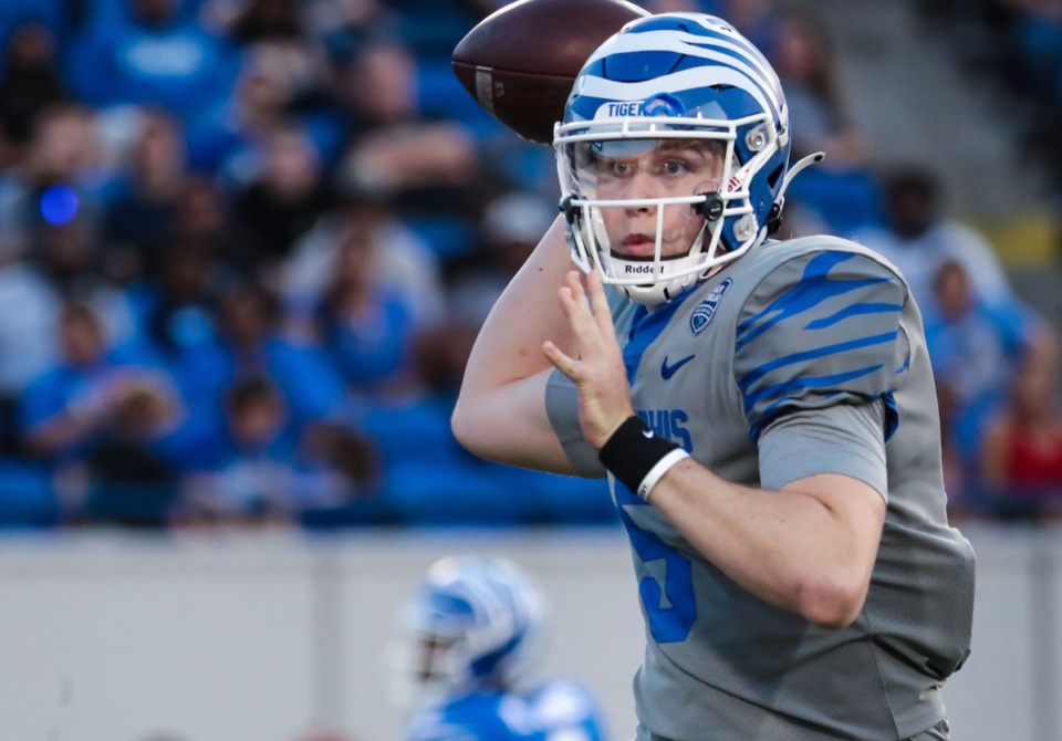 <strong>University of Memphis quarterback Seth Henigan (5) throws the ball during the Tigers&rsquo; spring game April 22, 2022.</strong> (Patrick Lantrip/The Daily Memphian file)