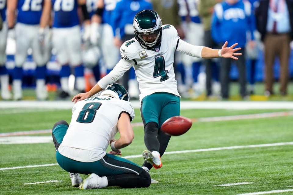 <strong>Philadelphia Eagles kicker Jake Elliott (4) kicks a field goal from the hold of Arryn Siposs in the first half of an NFL football game against the Indianapolis Colts in Indianapolis, Sunday, Nov. 20, 2022.</strong> (AP Photo/AJ Mast)