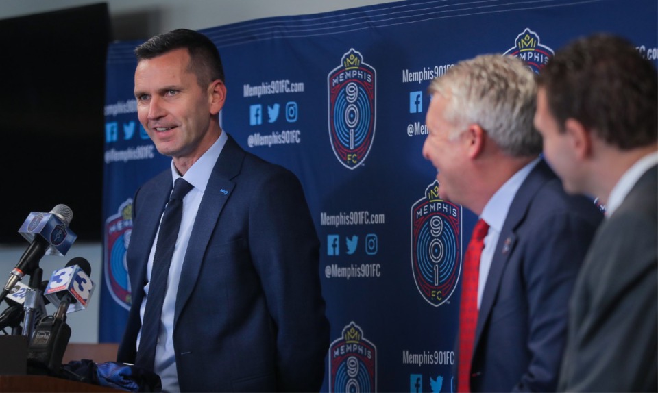 <strong>Memphis 901 FC's new coach Stephen Glass is introduced at a Nov. 30, 2022 press conference.</strong> (Patrick Lantrip/The Daily Memphian)