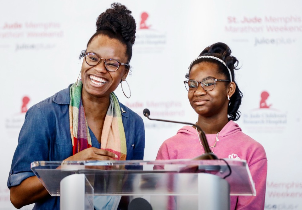 <strong>St. Jude Children&rsquo;s Research Hospital patient Alana, who contributed artwork, (right) and her mother Lachaka (left) speak during a press conference on Thursday, December 1, 2022.</strong> (Mark Weber/The Daily Memphian)