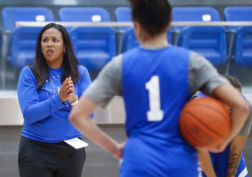 <strong>University of Memphis Lady Tigers head coach Katrina Merriweather (left) says playing tough competition will not only help this year&rsquo;s team but will also help toward building the program for future seasons.</strong> (Mark Weber/The Daily Memphian file)