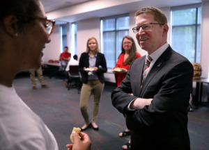 <strong>Newly named Christian Brothers University president Jack Shannon speaks with CBU senior Chase Encalade after a Tuesday, April 23, 2019, press conference announcing his presidency.</strong> (Patrick Lantrip/Daily Memphian)