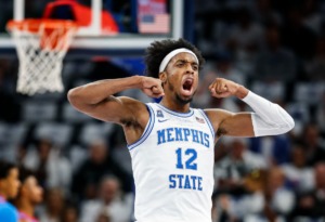 <strong>Memphis Tigers forward DeAndre Williams celebrates during action against Ole Miss on Saturday, Dec. 3, 2022 at FedExForum.</strong> (Mark Weber/The Daily Memphian)
