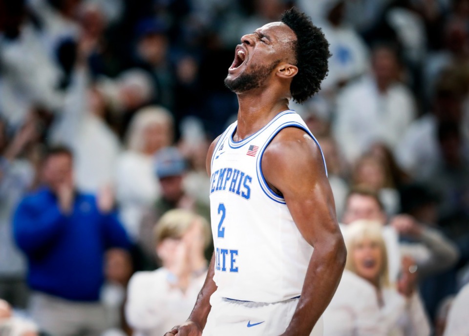 <strong>Memphis guard Alex Lomax celebrates during action against Ole Miss on Saturday, Dec. 3, 2022.</strong> (Mark Weber/The Daily Memphian)
