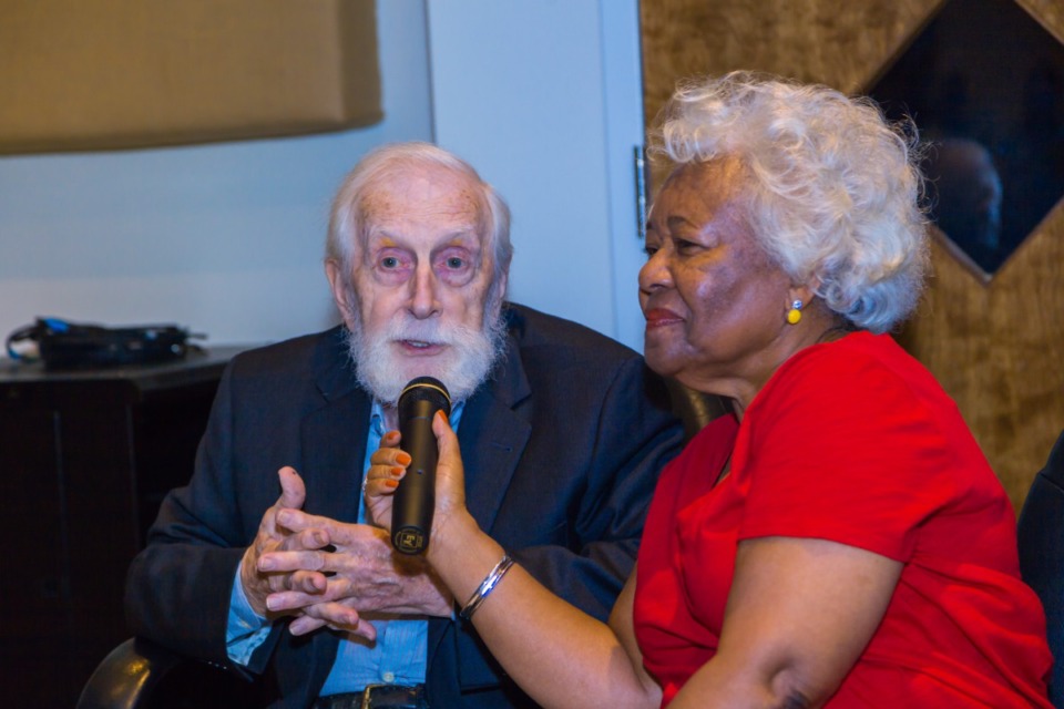 <strong>Jim Stewart (left) talks with Deanie Parker (right) as he donates his fiddle to the museum in 2018.</strong> (Courtesy Stax Museum of American Soul Music)