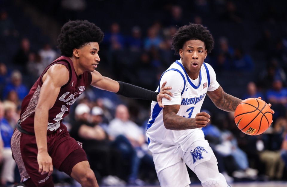 <strong>University of Memphis guard Kendric Davis (3) was ejected in the Dec. 6 game against Little Rock for headbutting the Trojans&rsquo; D.J. Smith.</strong> (Patrick Lantrip/Daily Memphian)